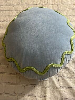 ETTA VEE BLUE VELVET WITH GREEN BRAIDED LIKE ACCENT ROUND WHIMSICAL THROW PILLOW
